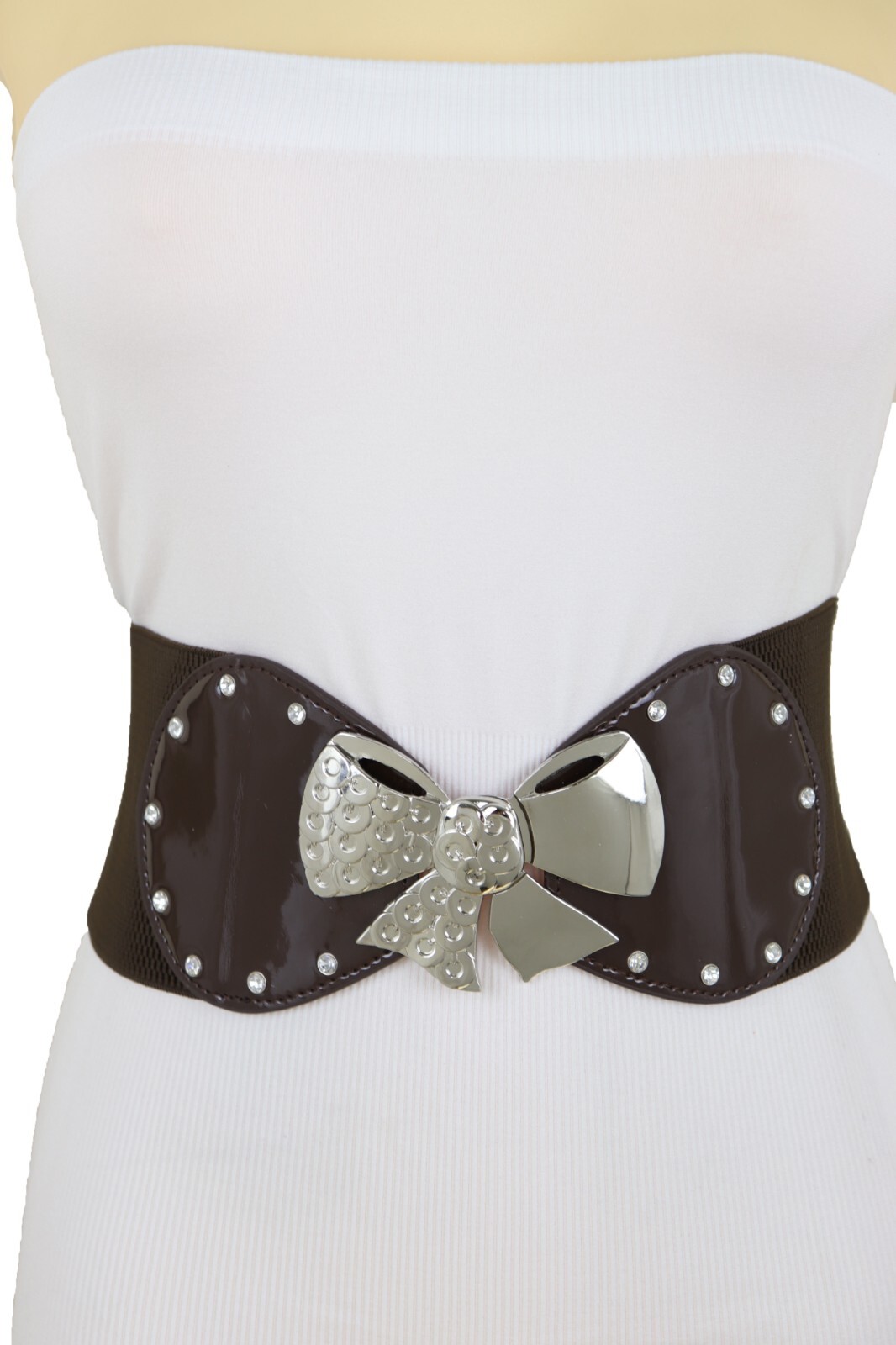 Women Dark Brown Color Wide Apparel Belt Silver Metal Bow Tie Ribbon Buckle S M