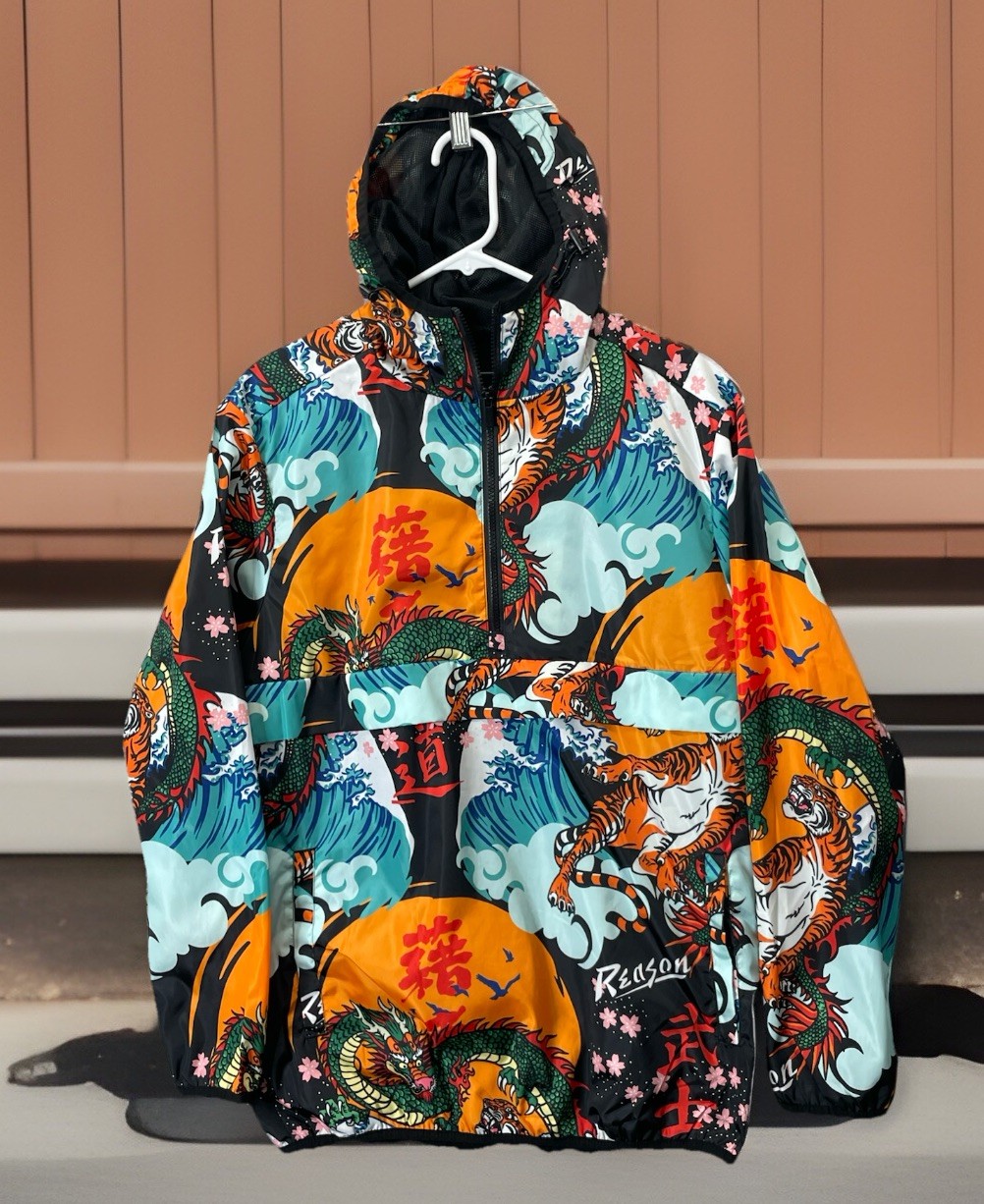 🔥 Reason Brand • Pullover Jacket 1/4 Zip Tiger Fight Dragon Hooded Men’s Size M