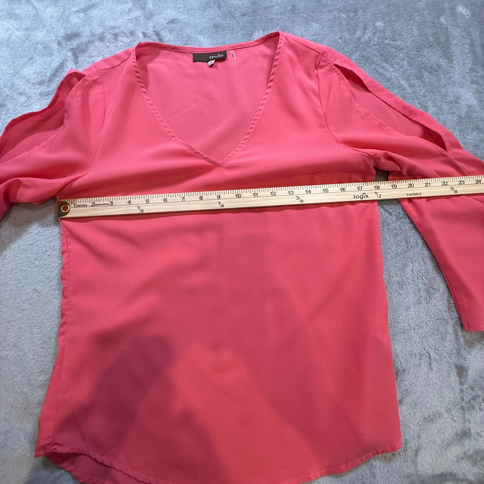 Crosby Women’s Small Coral Pink V-Neck Split Sleeve Blouse 3/4 Sleeve