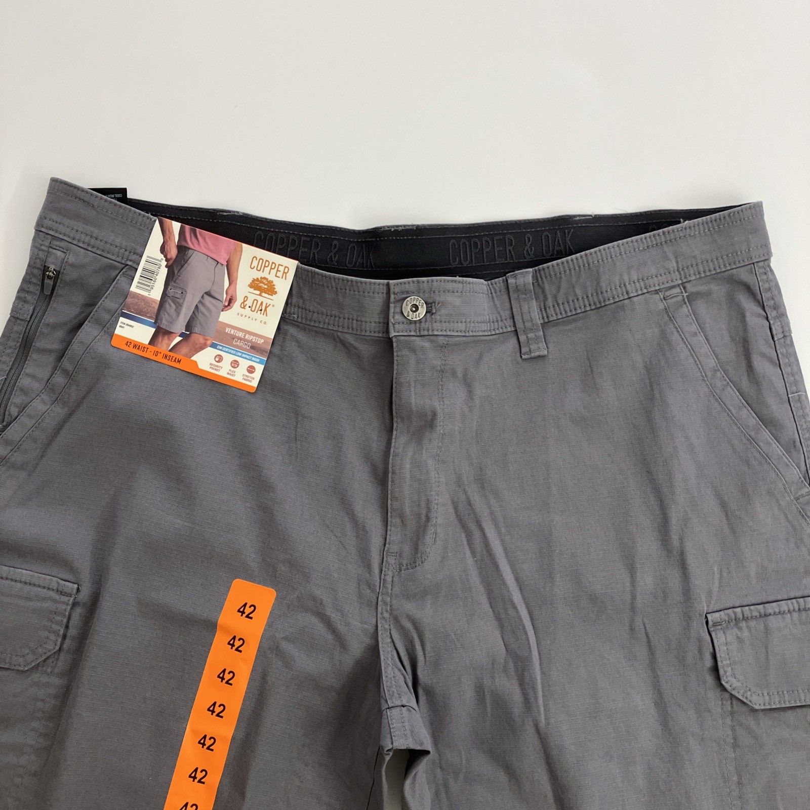 Copper and Oak Men Cargo Shorts Ripstop Security Pocket Flex Waist Gray 42