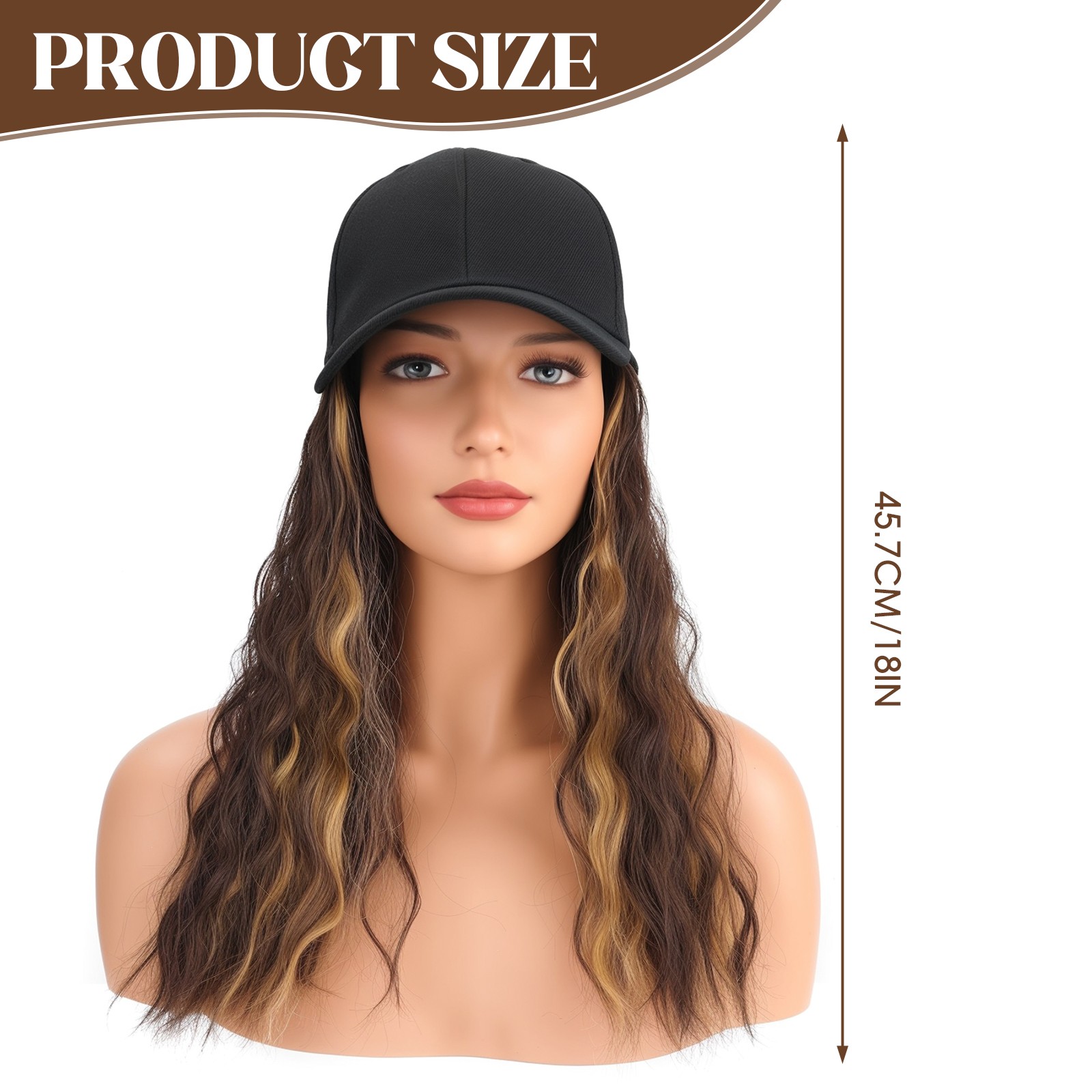 Baseball Cap Hat w/ Synthetic Hair,Long Curly Wavy Baseball Cap w/ Hair Extensio