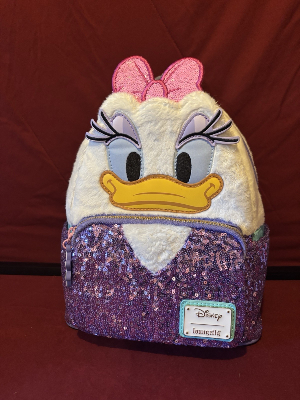 Loungefly Disney Daisy Duck 85th Anniversary Daisy Figural Sequin Mini Backpack