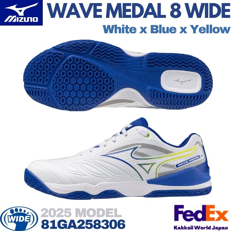 Mizuno Table Tennis Shoes WAVE MEDAL 8 WIDE White/ Blue/ Yellow 81GA258306 NEW!
