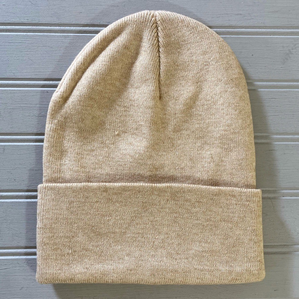 Beige Knitted Cuffed Pull On Beanie Hat Unisex One Size Warm Winter Cozy