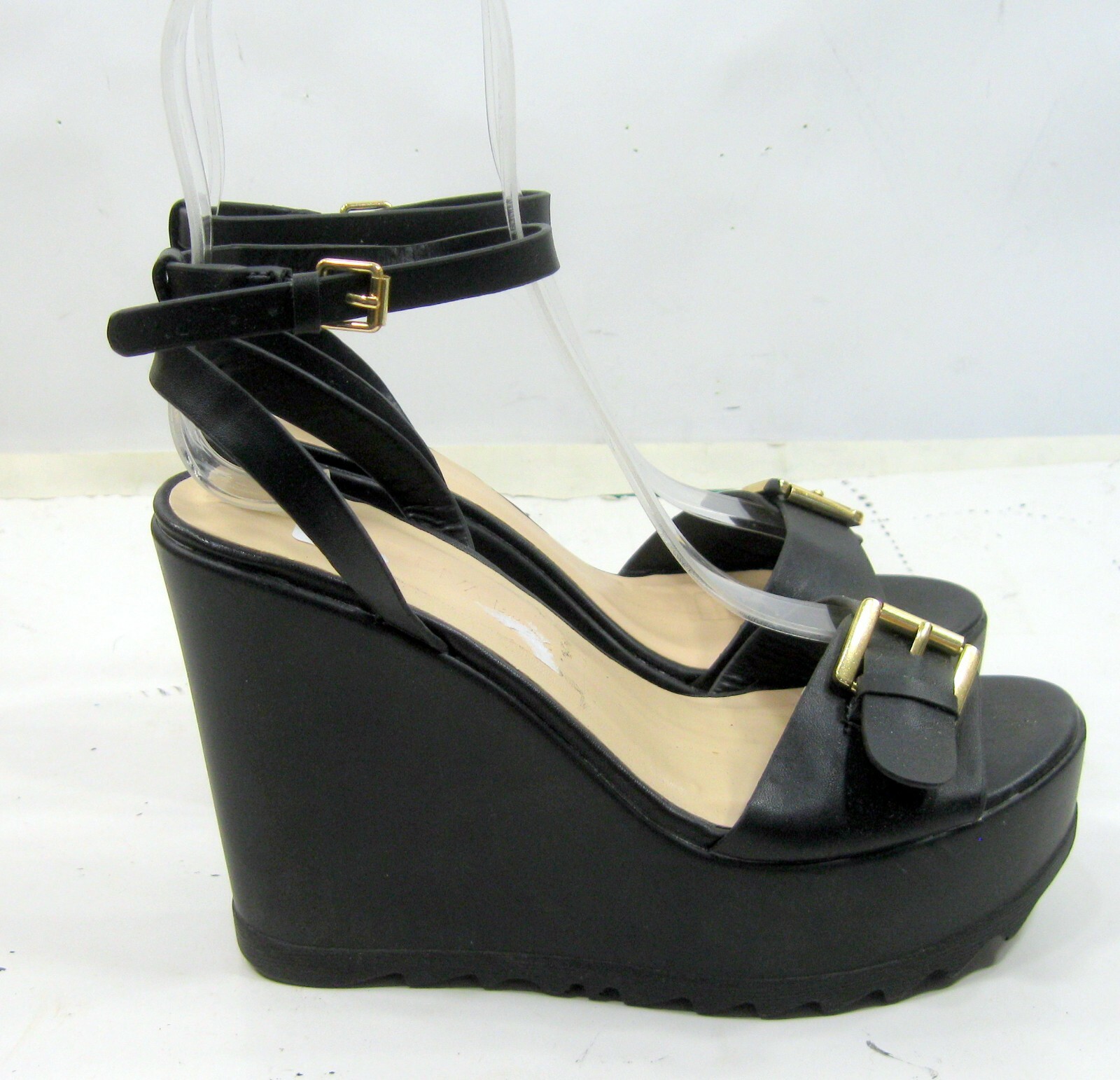 new Black 4.5″Wedge Heel 1.5″Platforms Ankle Straps Shoes WOMEN Size 7.5