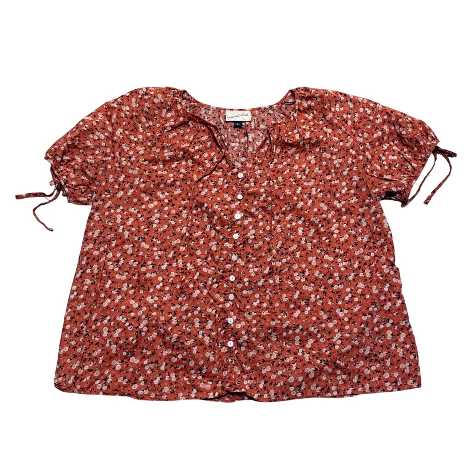 Universal Thread Womens XL Rust Floral Cotton Button Front Puff Sleeve Blouse