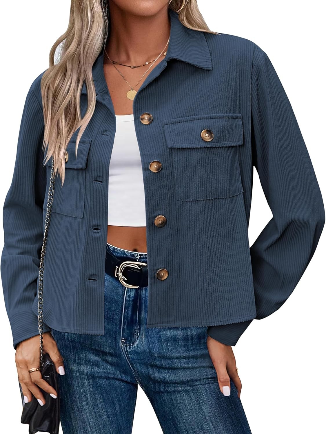 Women Cropped Corduroy Shackets Button Down Jackets Tops Fall long Sleeve Shirt