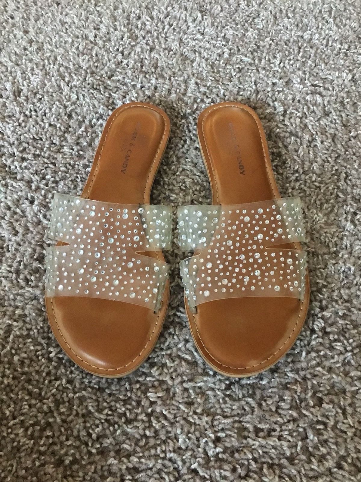 Rock & Candy Women’s Clear Rhinestone Slide Sandals Brown Footbed Slip On 8