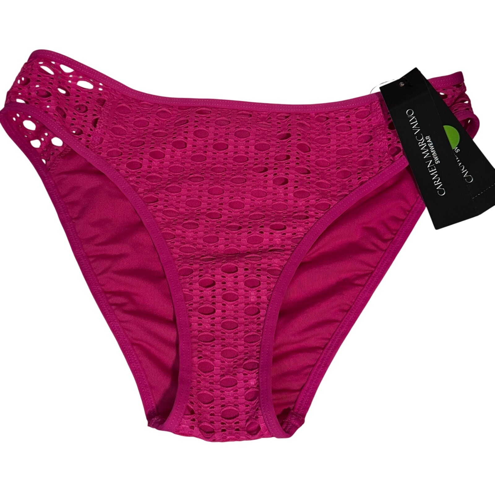 Carmen Mare Valvo Ultra Pink bikini bottom intricate crochet detail side peek