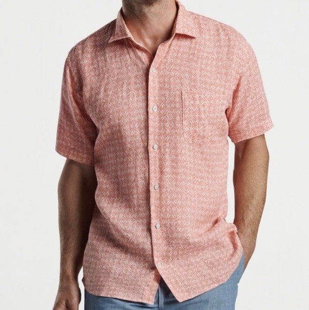 Peter Millar Clay Rose Sandblast Linen Short Sleeve Button Up Sport Shirt XL Red