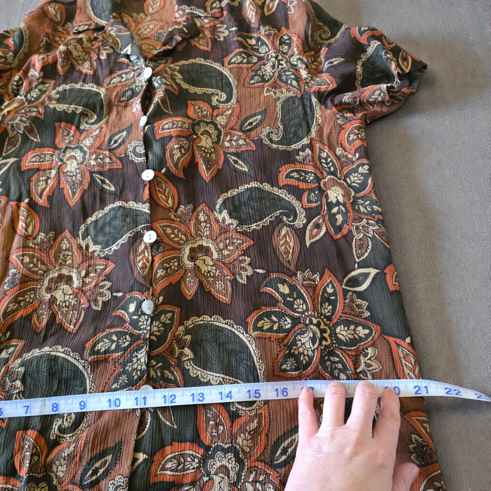 Amanda Smith 100% Pure Silk Blouse Petite Medium PM Paisley Floral Brown Vintage