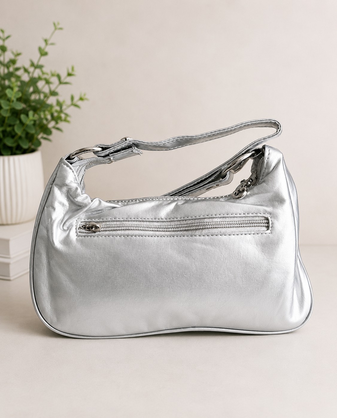 Silver Metallic Baguette Rectangle Shoulder Bag Zip Closure, Front Pockets