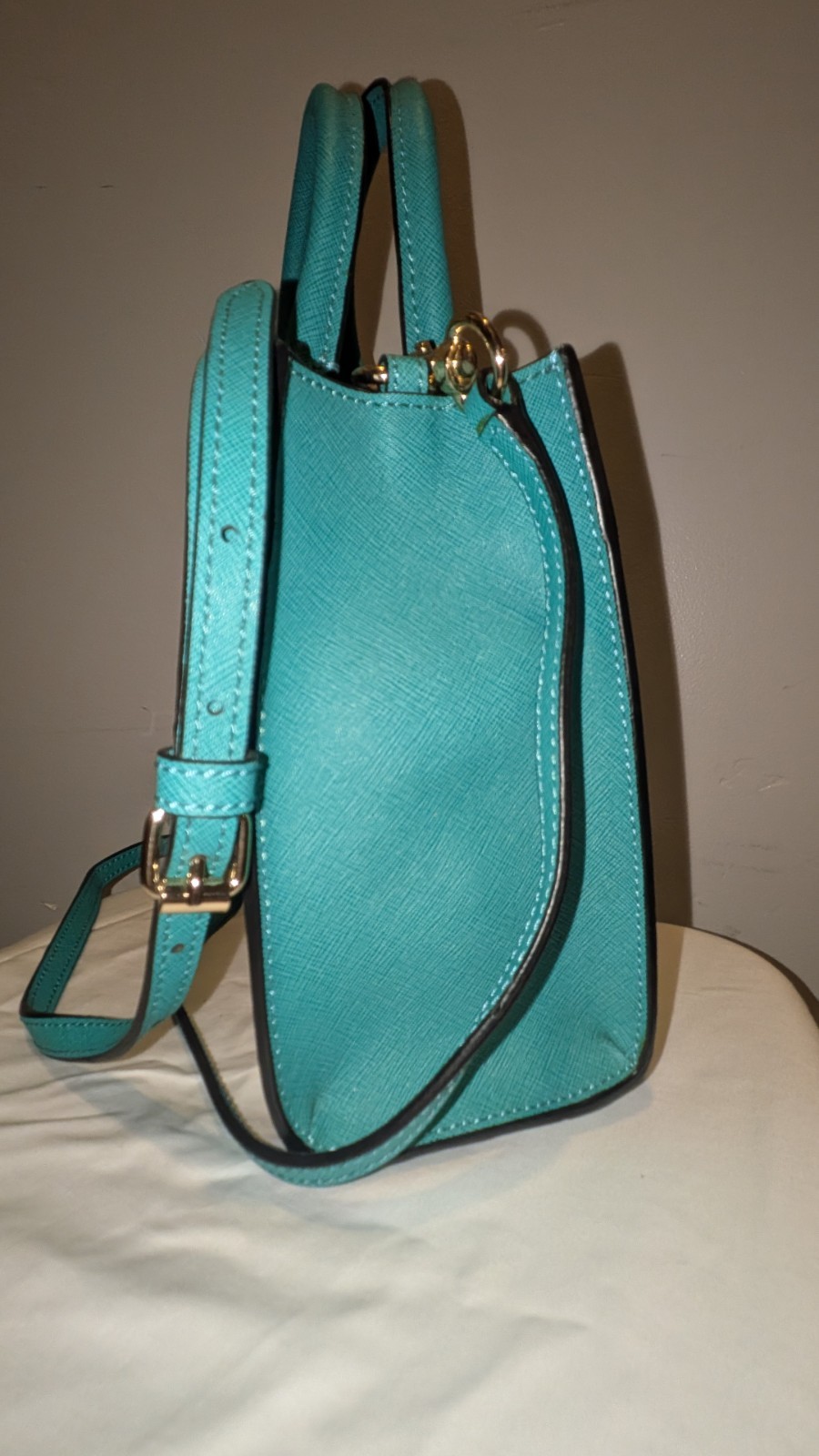 Rebecca Minkoff Mini MAB tote bag teal saffiano leather and gold-tone hardware.