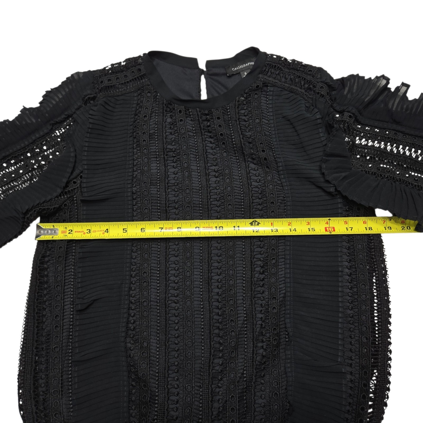 Calligraphie Top Womens Small Black Ruffle Crochet Whimsigoth Balloon Sleeve
