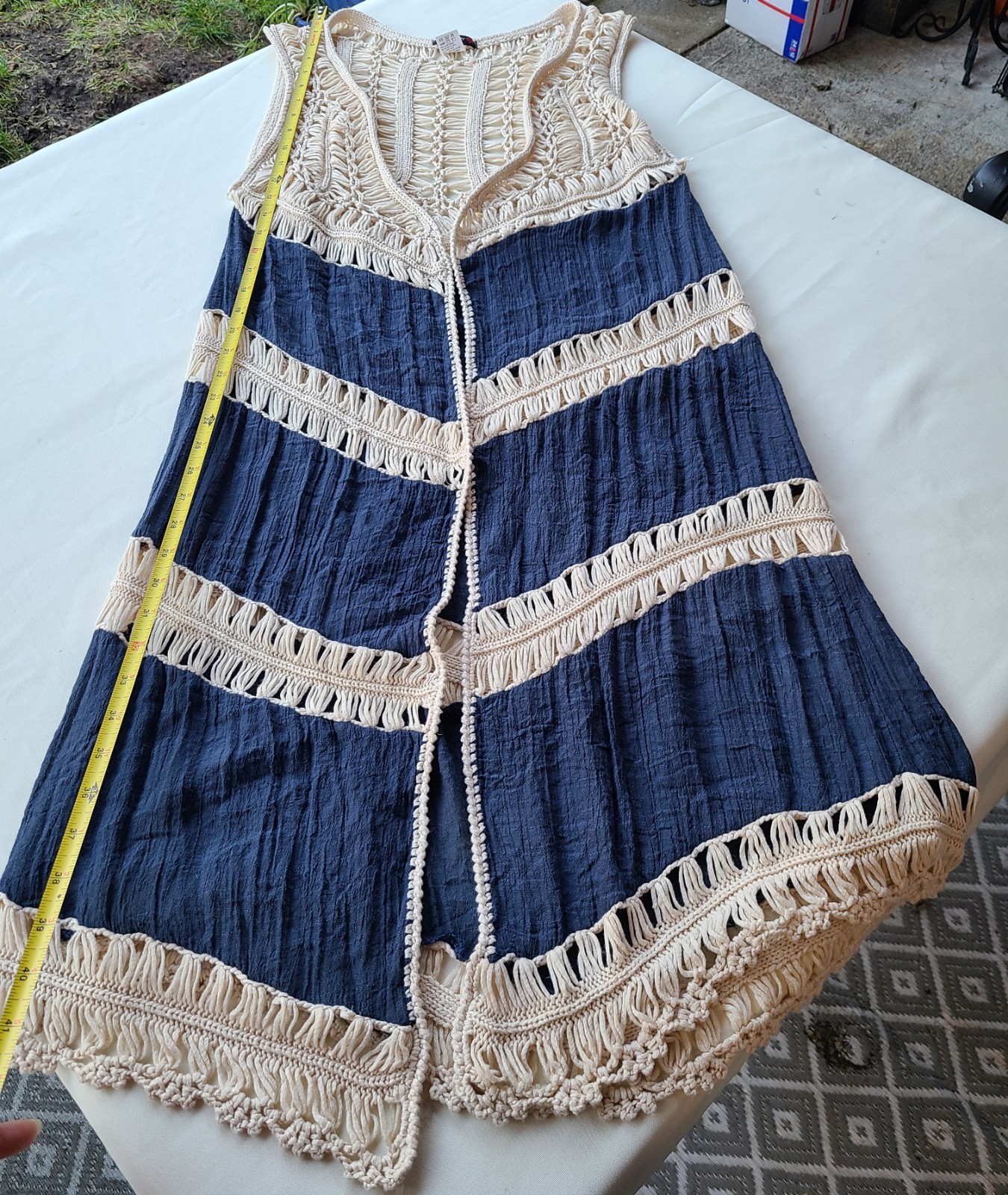 Cream & Blue Crochet Duster Over Wrap. Boho, Hippie Sz: M, Vivid Importers Of NY