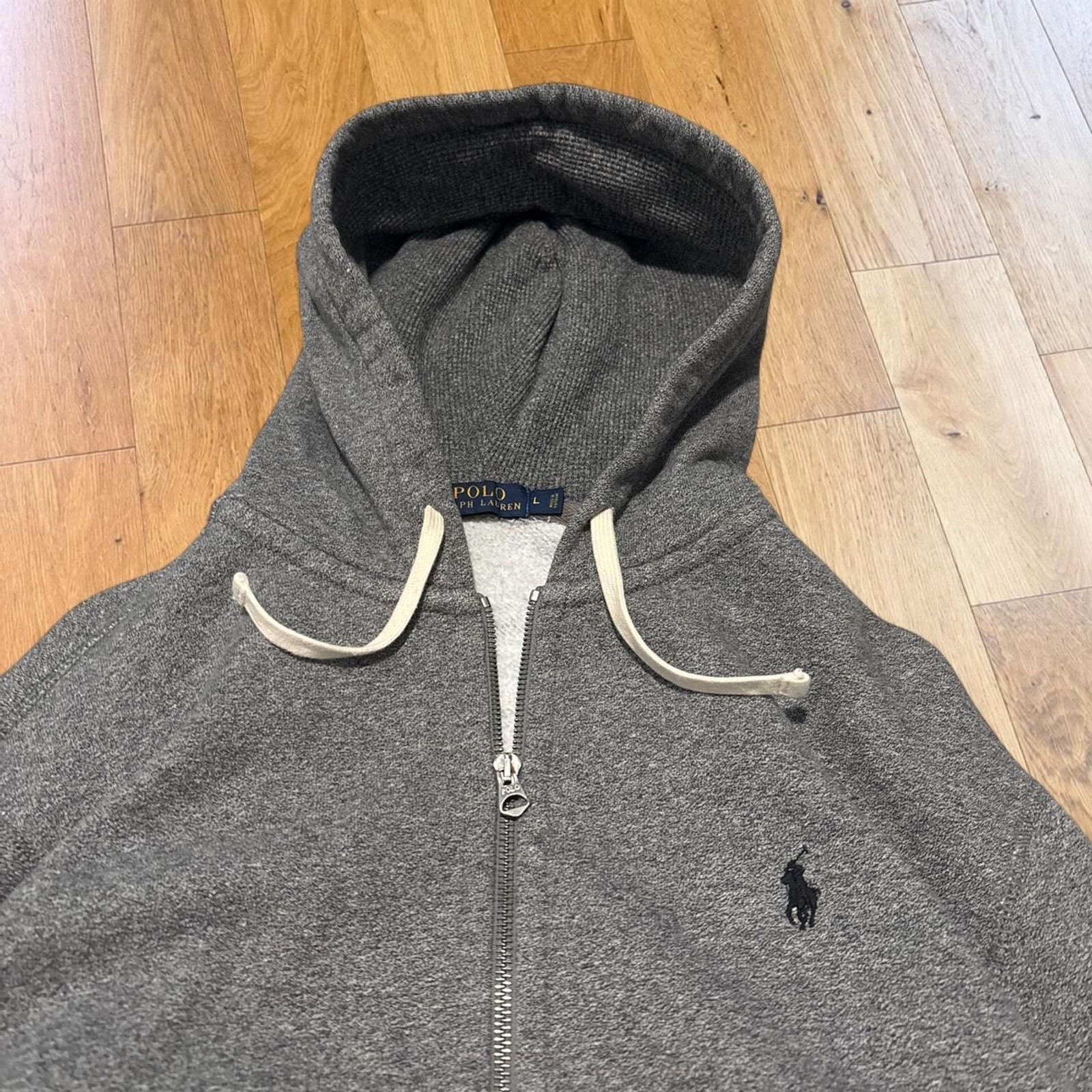 Polo Ralph Lauren Dark Gray Waffle Knit Hood Black Pony Zip Up Hoodie Men Large
