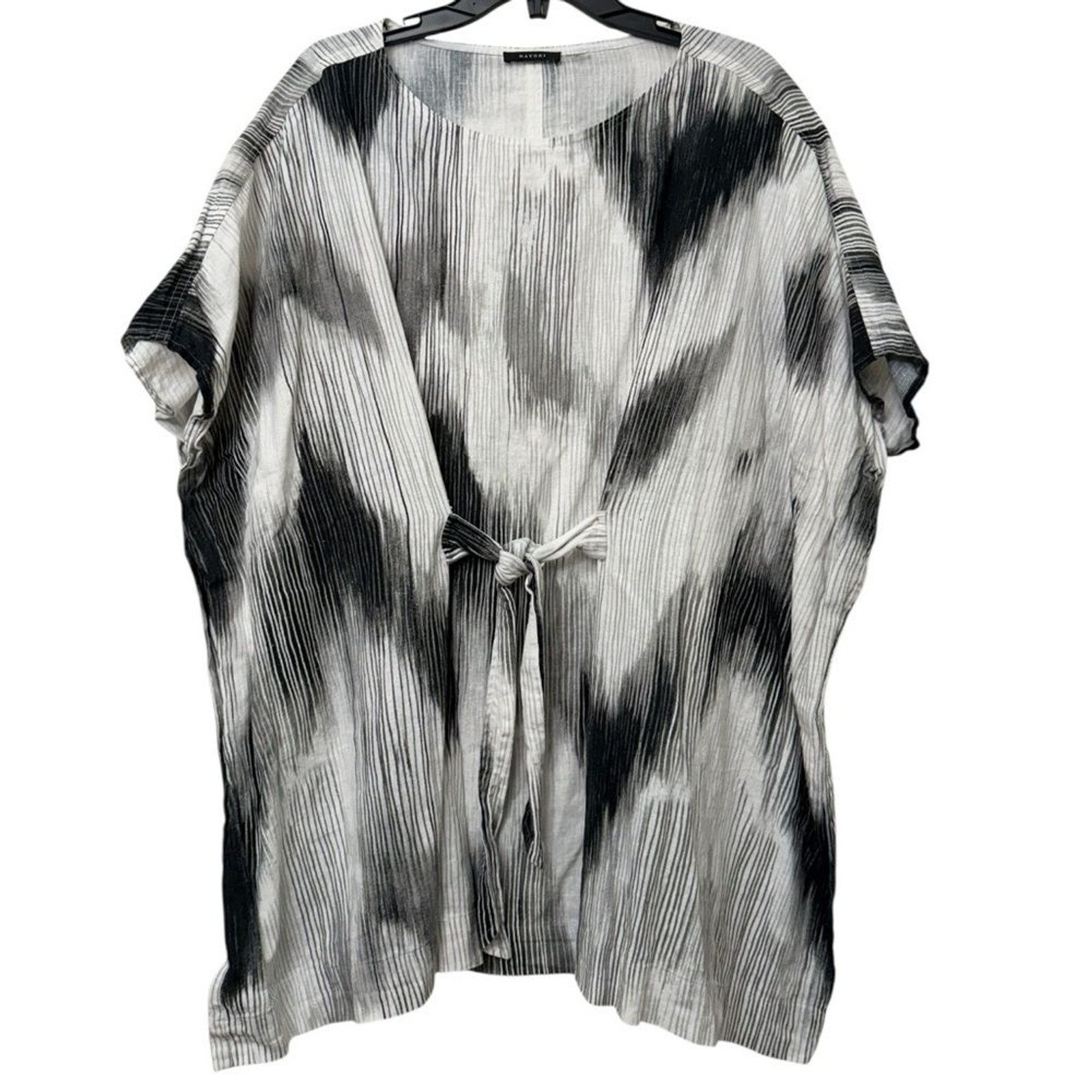 Natori Painted Ikat Caftan Linen Top Artistic Dolman Sleeve Blouse Abstract