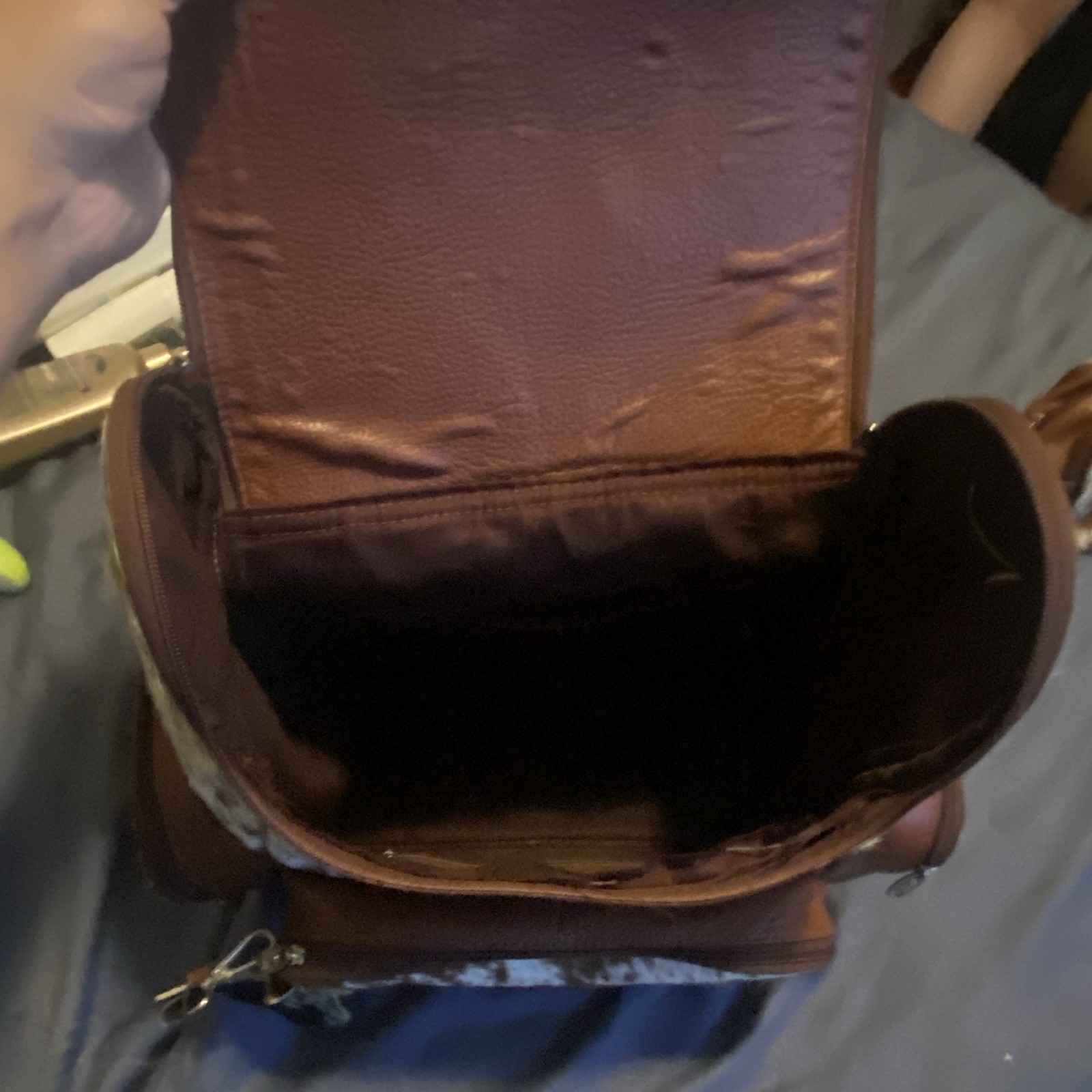 Real Cowhide Backpack Brown/White Zip, Inner Pockets, Adjustable Straps
