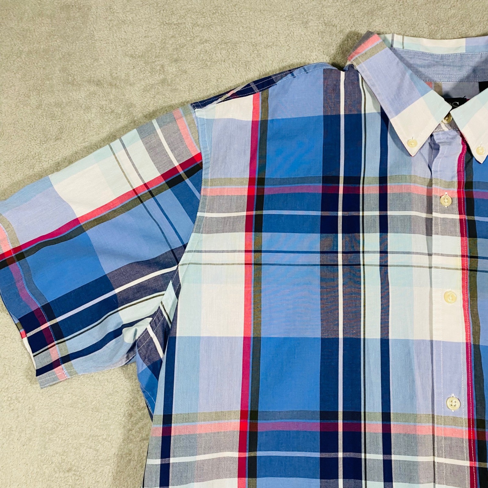 Chaps Button Down Shirt Mens XXL Blue Pink Plaid Short Sleeve Easy Care