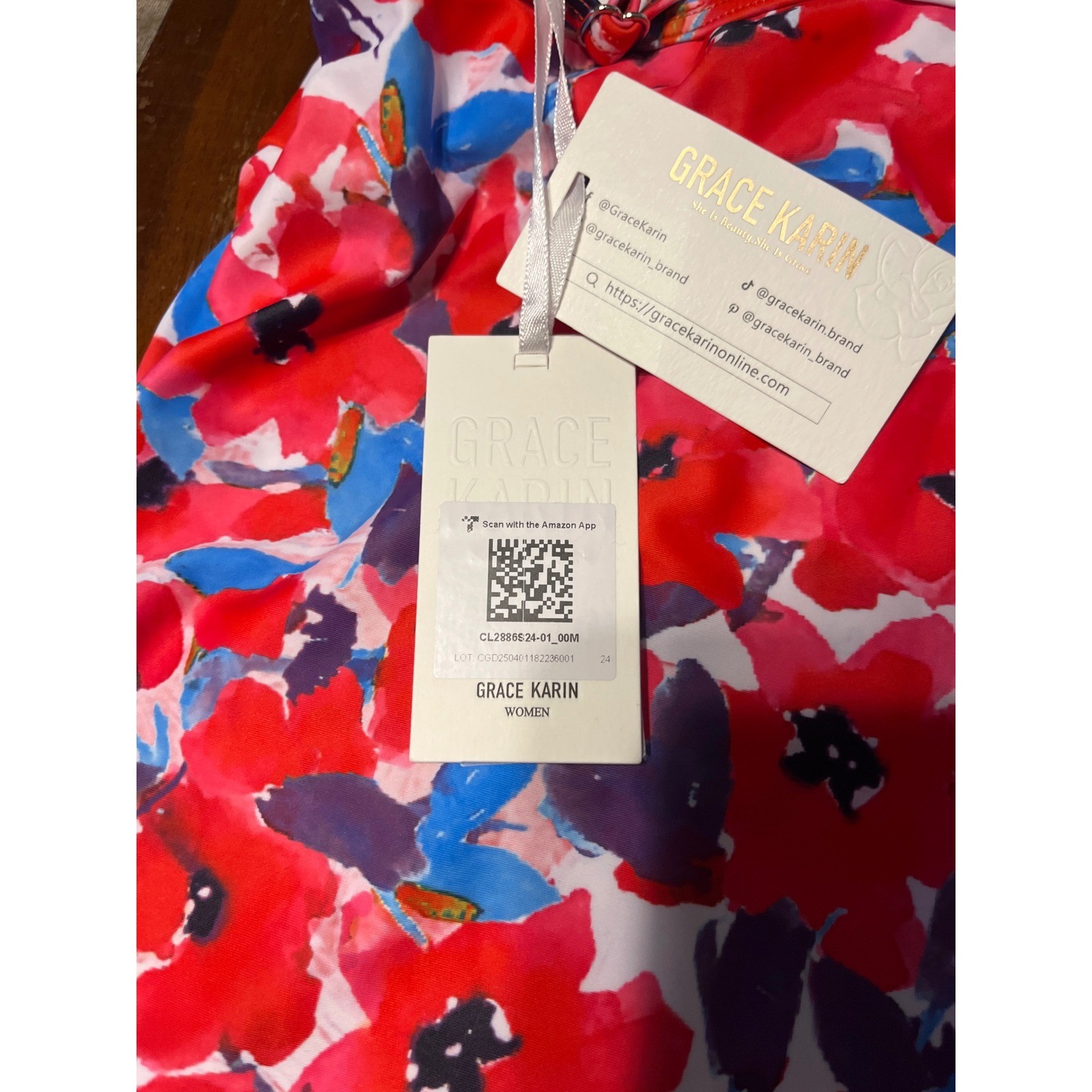 Grace Karin Womens Floral One Piece Swimsuit Red Blue Poppy Twist Front Size M