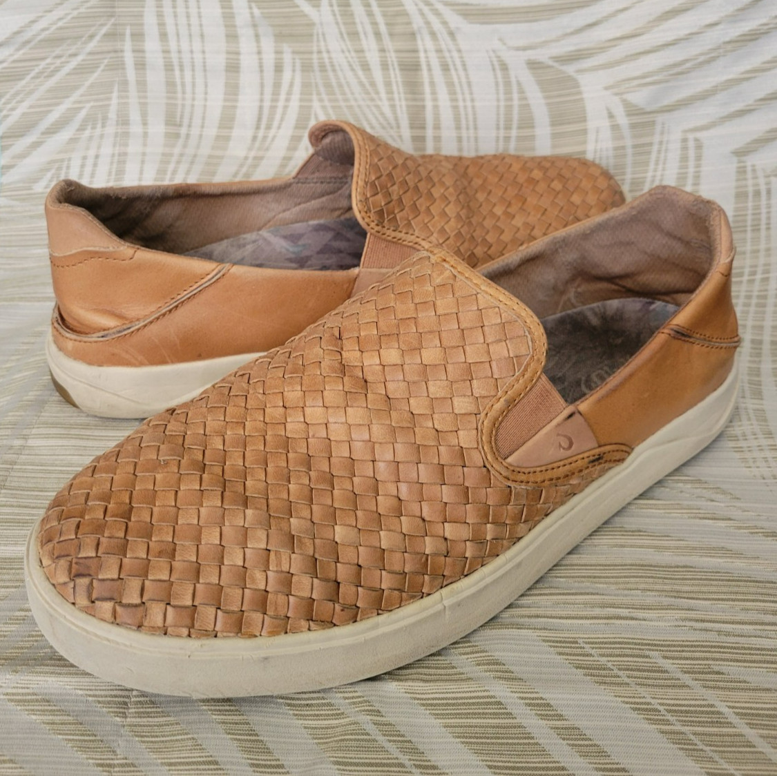 OluKai Lae‘ahi Lauhala Slip On Woven Leather Shoes FOX Brown Men’s Size 11.5