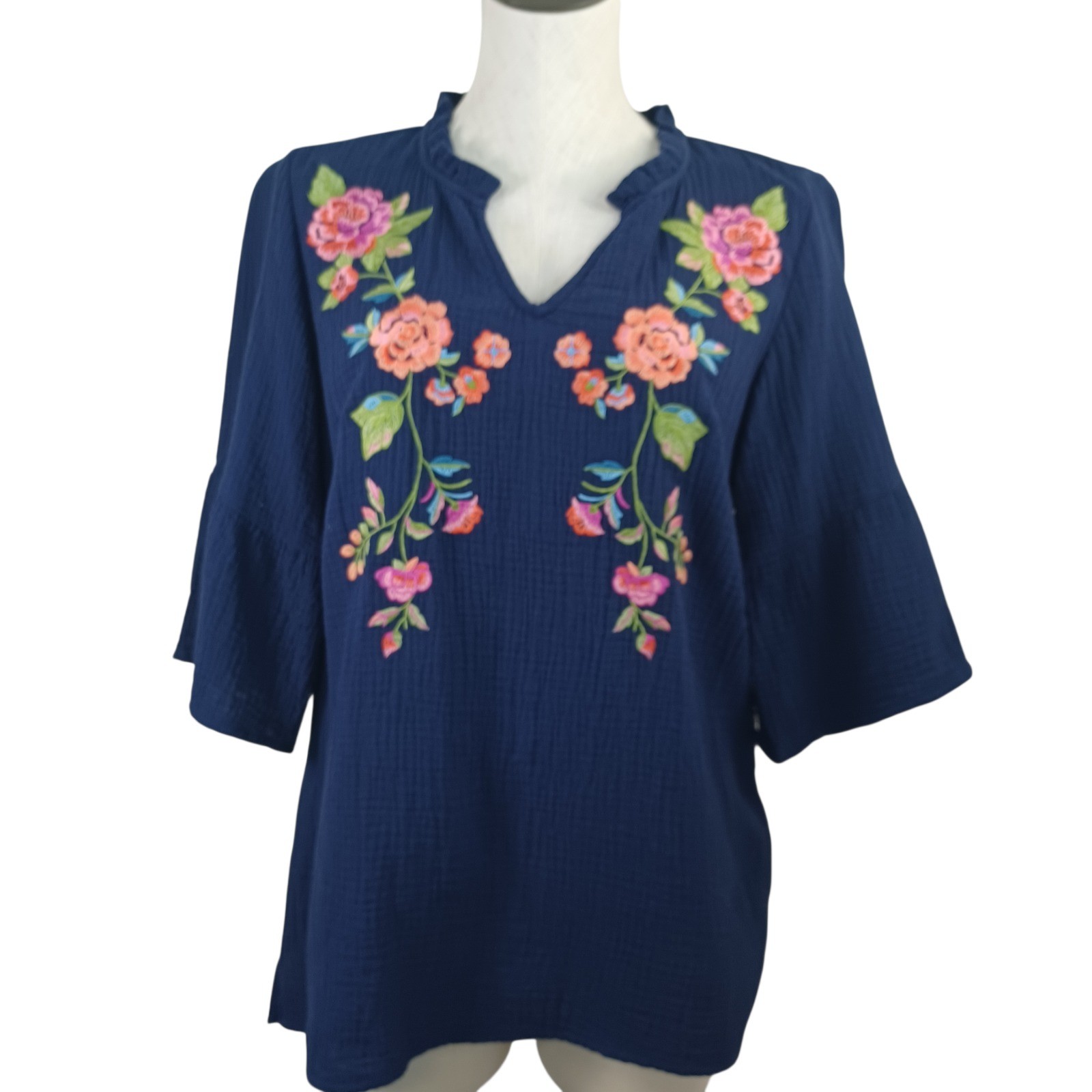 Belle Beach by Kim Gravel Top Womens Small Navy Blue Embroidered Gauze Popover