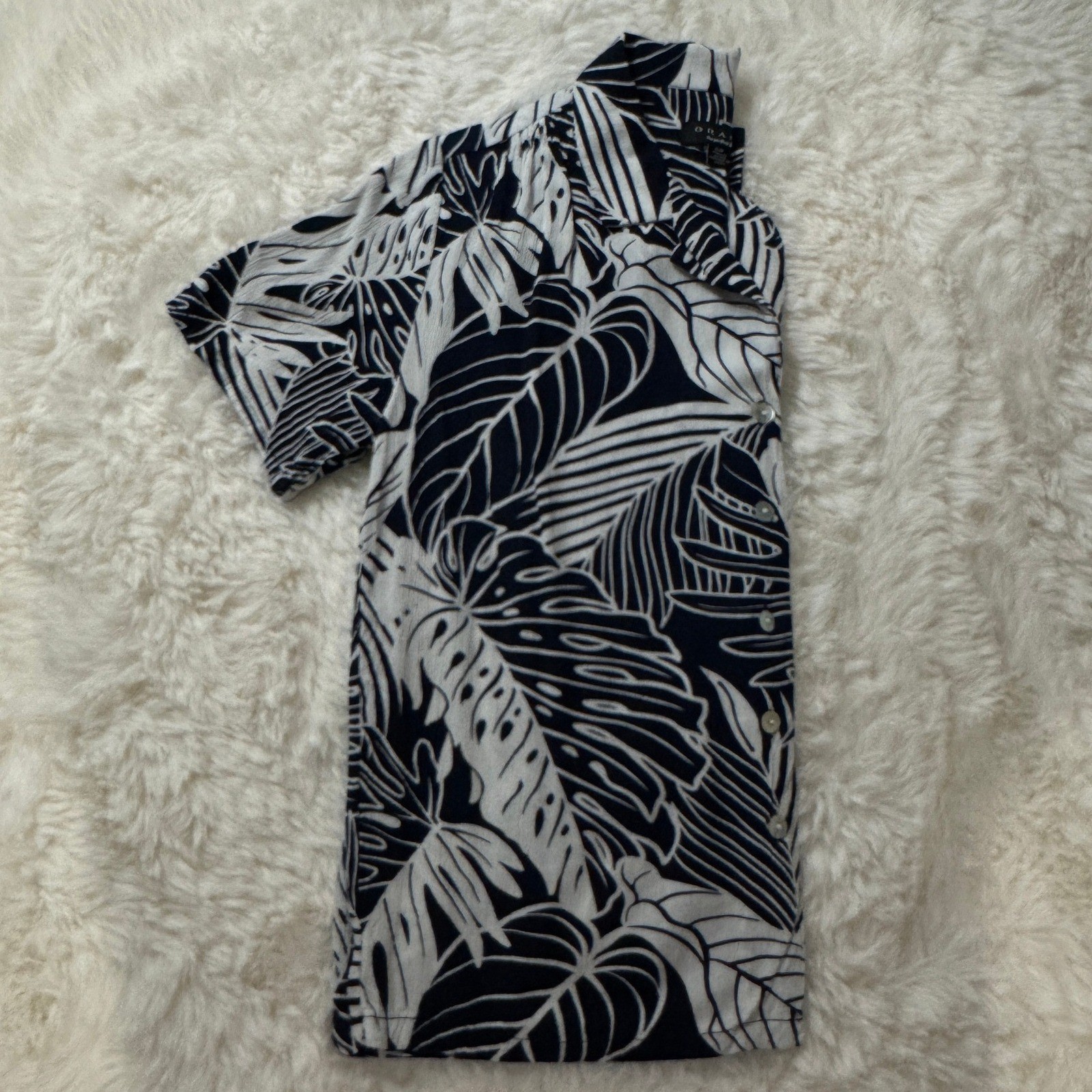 Grace Elements Tropical Leaf Print Button Front Blouse Size S Navy White