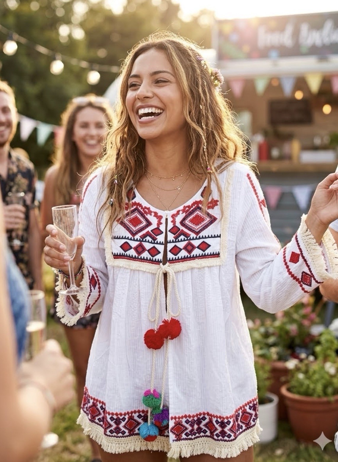 Velzera Top Boho Embroidered Tribal Tunic White W Tassel Women’s L LARGE NWT