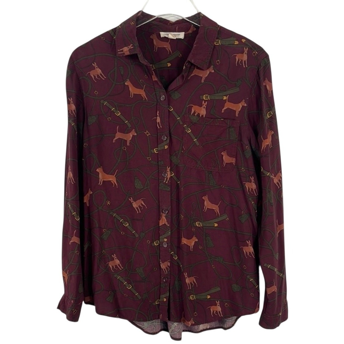 Beach lunch lounge all over dog puppy print button front burgundy blouse sz M