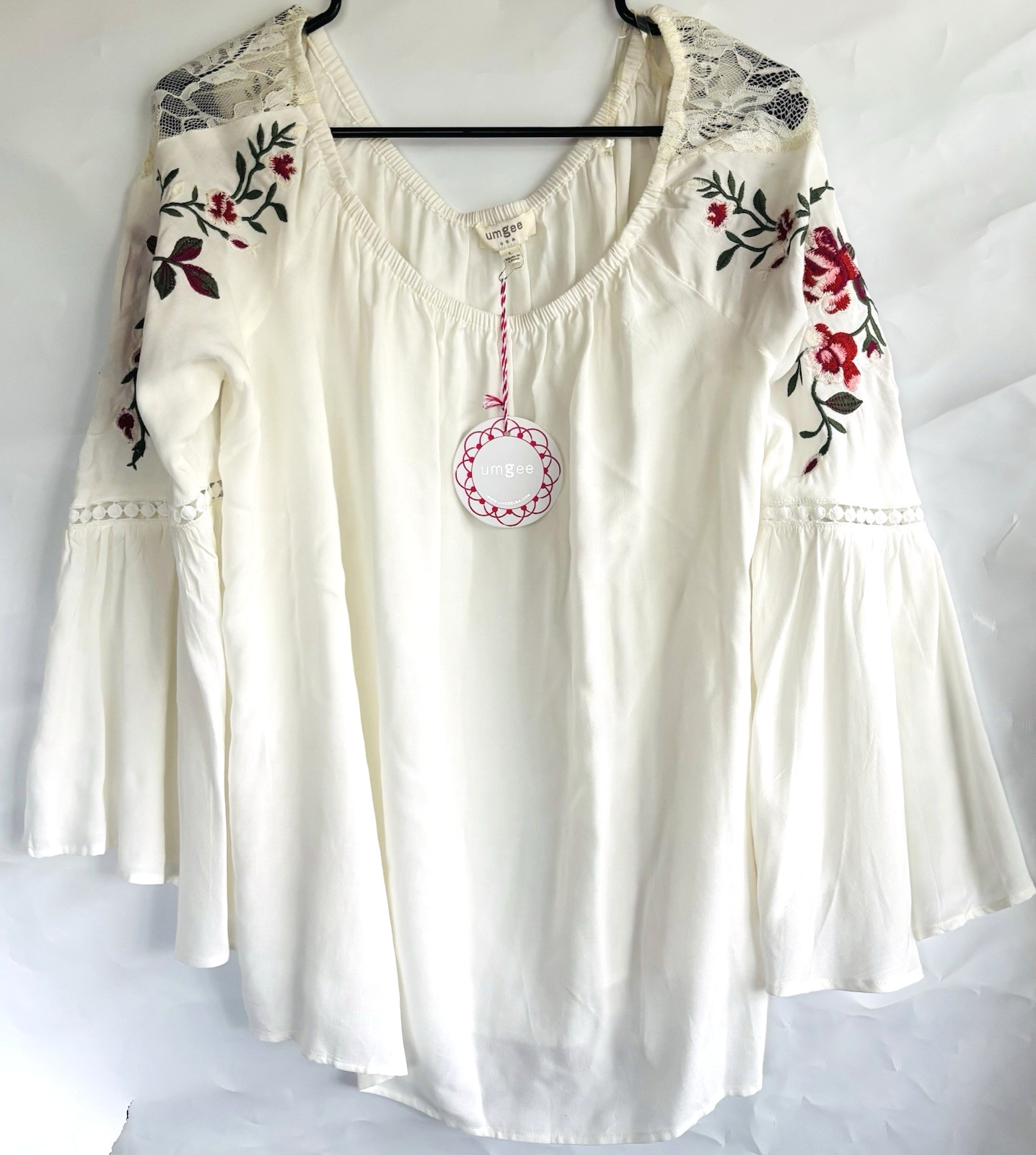 Umgee Floral Embroidered Blouse Top Womens Size Large off White Bell Sleeve Boho