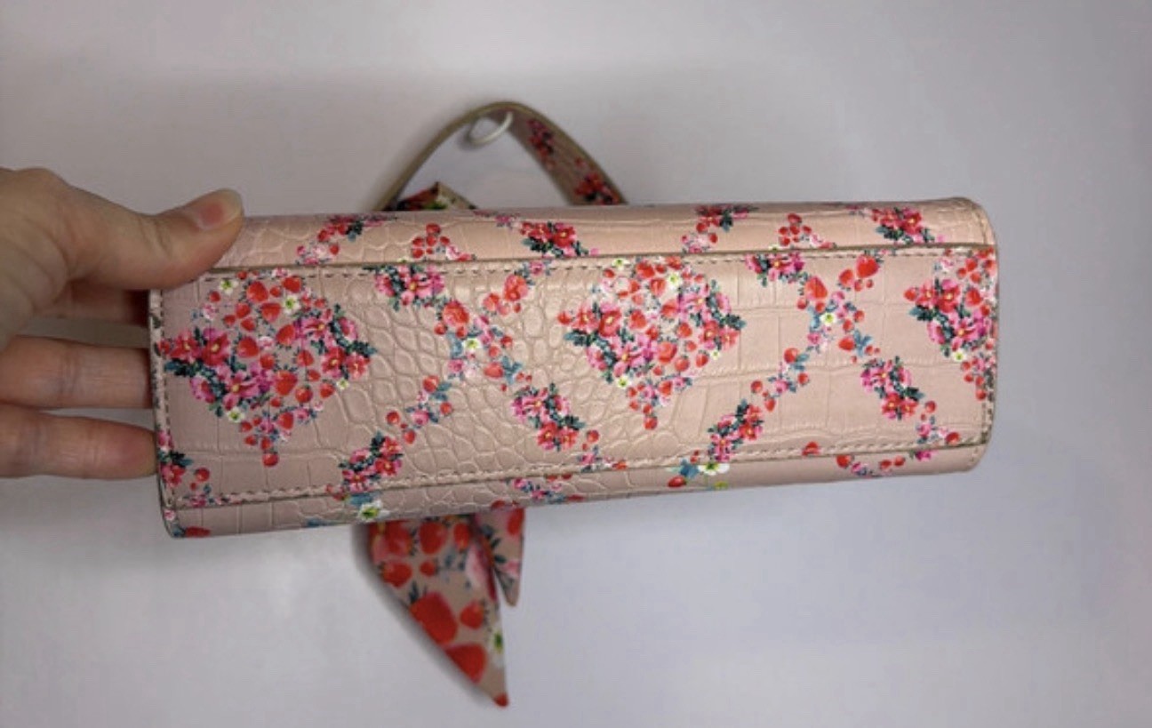 Betsey Johnson Pink Floral Satchel Top Handle Handbag Bow Detachable Strap