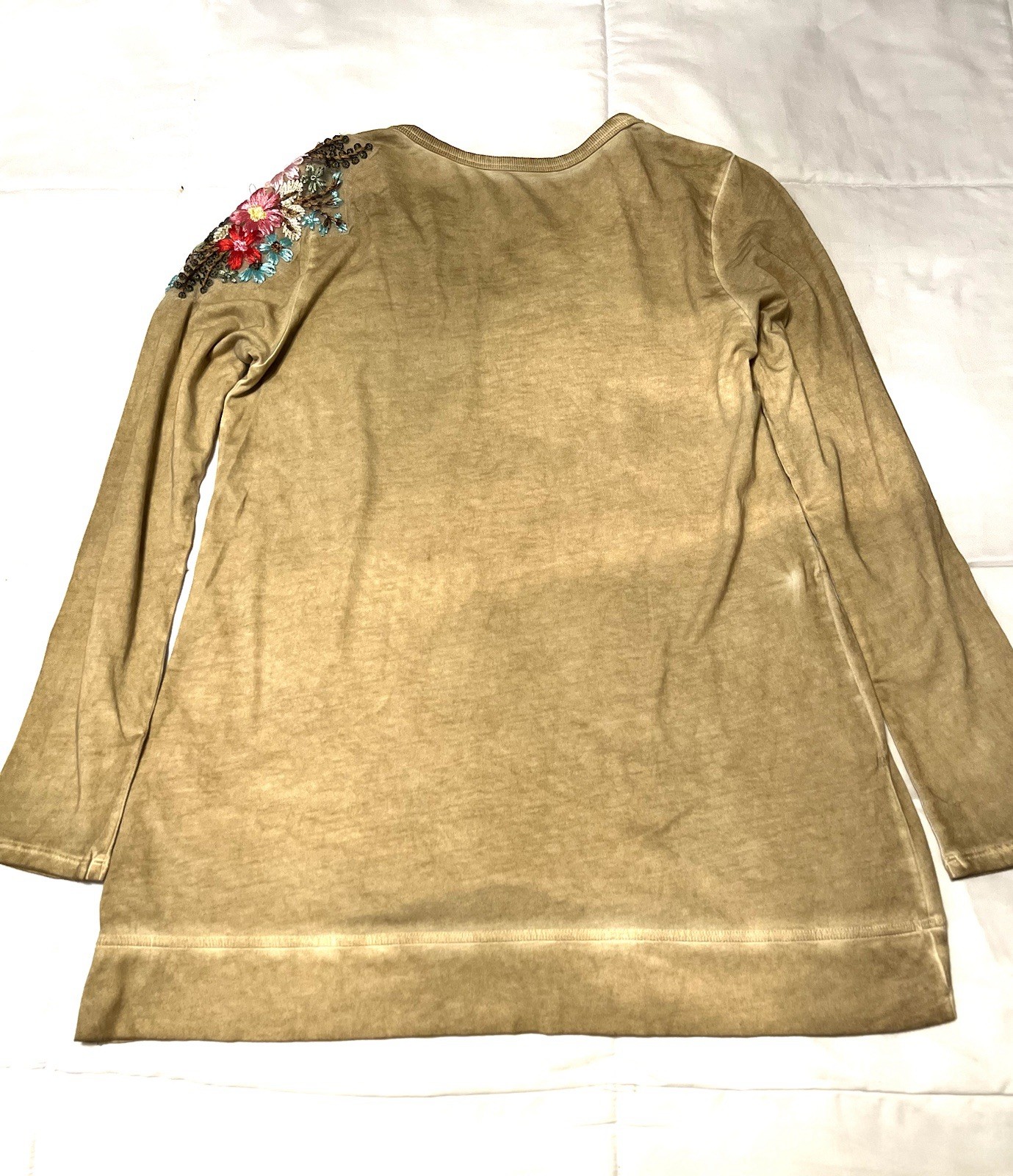 Soft Surroundings Floral Embroidered Tunic Blouse Scoop Neck Beige XSmall