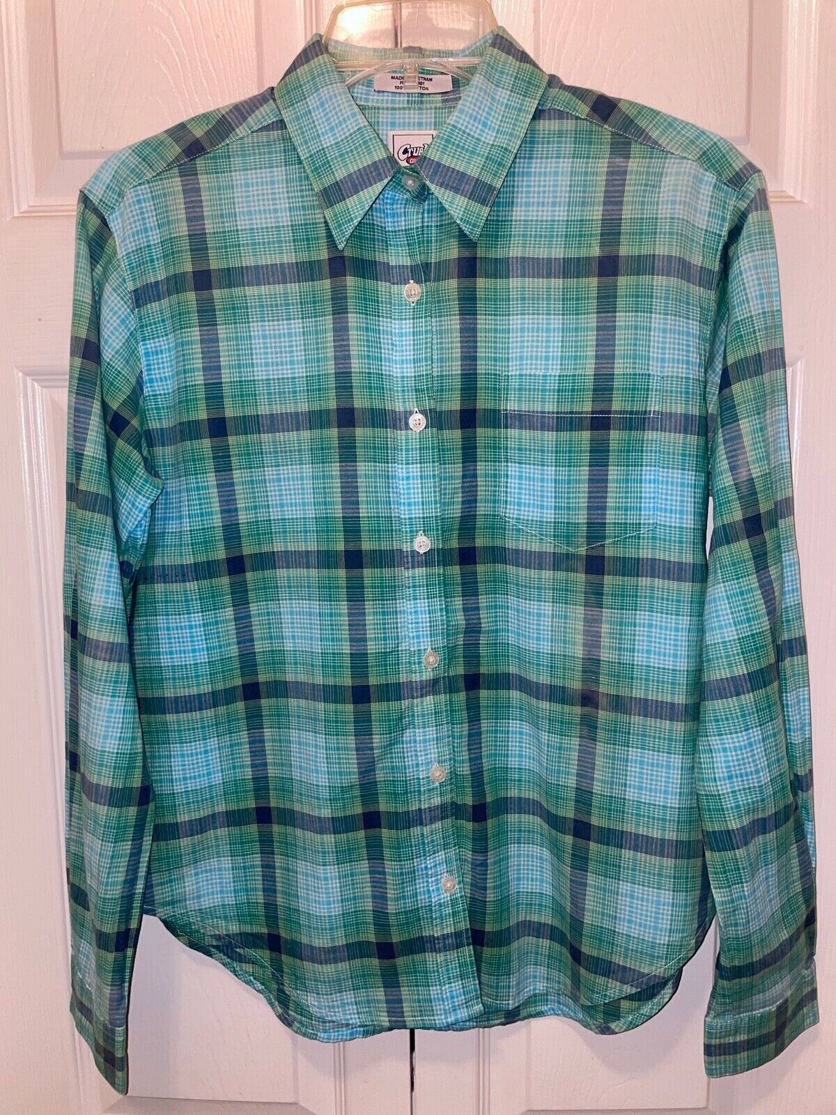 Cruel Girl Woman’s Blue Green White Plaid Long Sleeve Blouse Size S Lk Nw