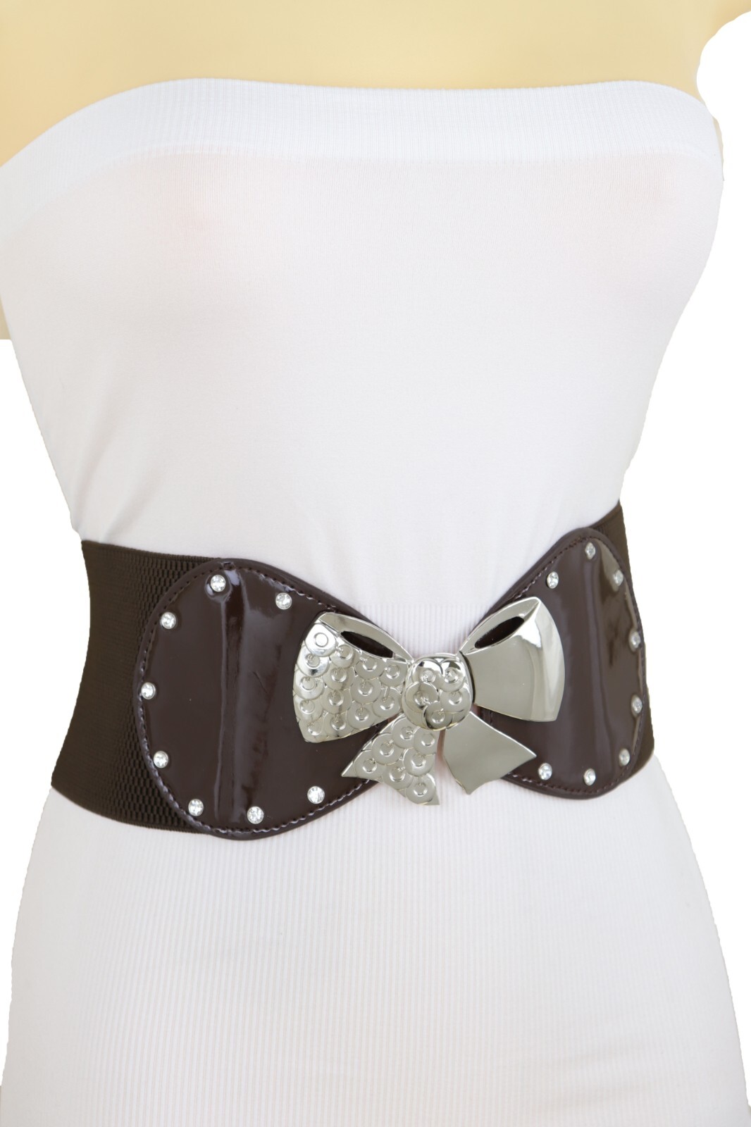 Women Dark Brown Color Wide Apparel Belt Silver Metal Bow Tie Ribbon Buckle S M