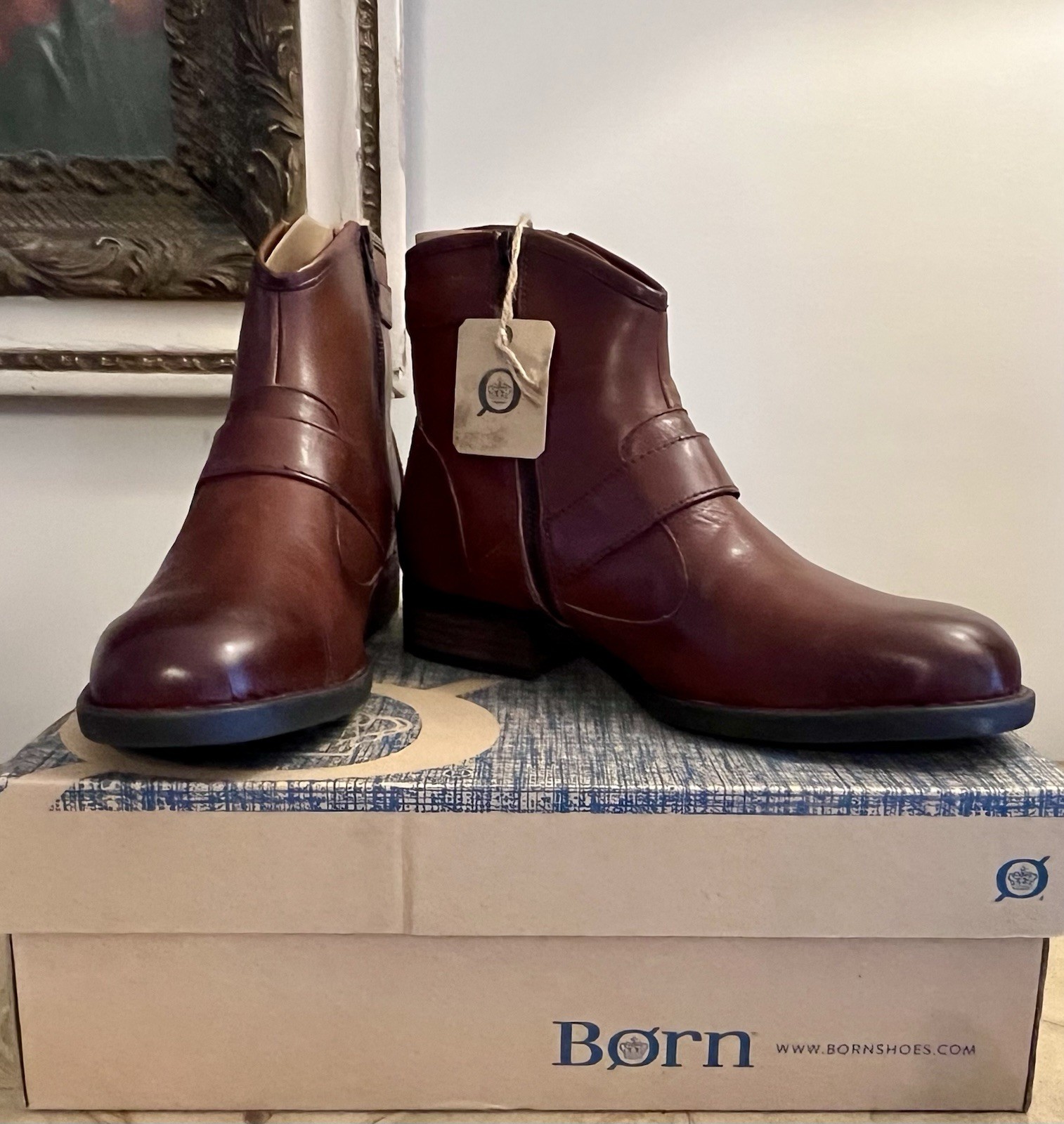 Born Boots Woman’s 9.5M Regis Ankle Bootie Cognac Brown Leather Moto Western NWT