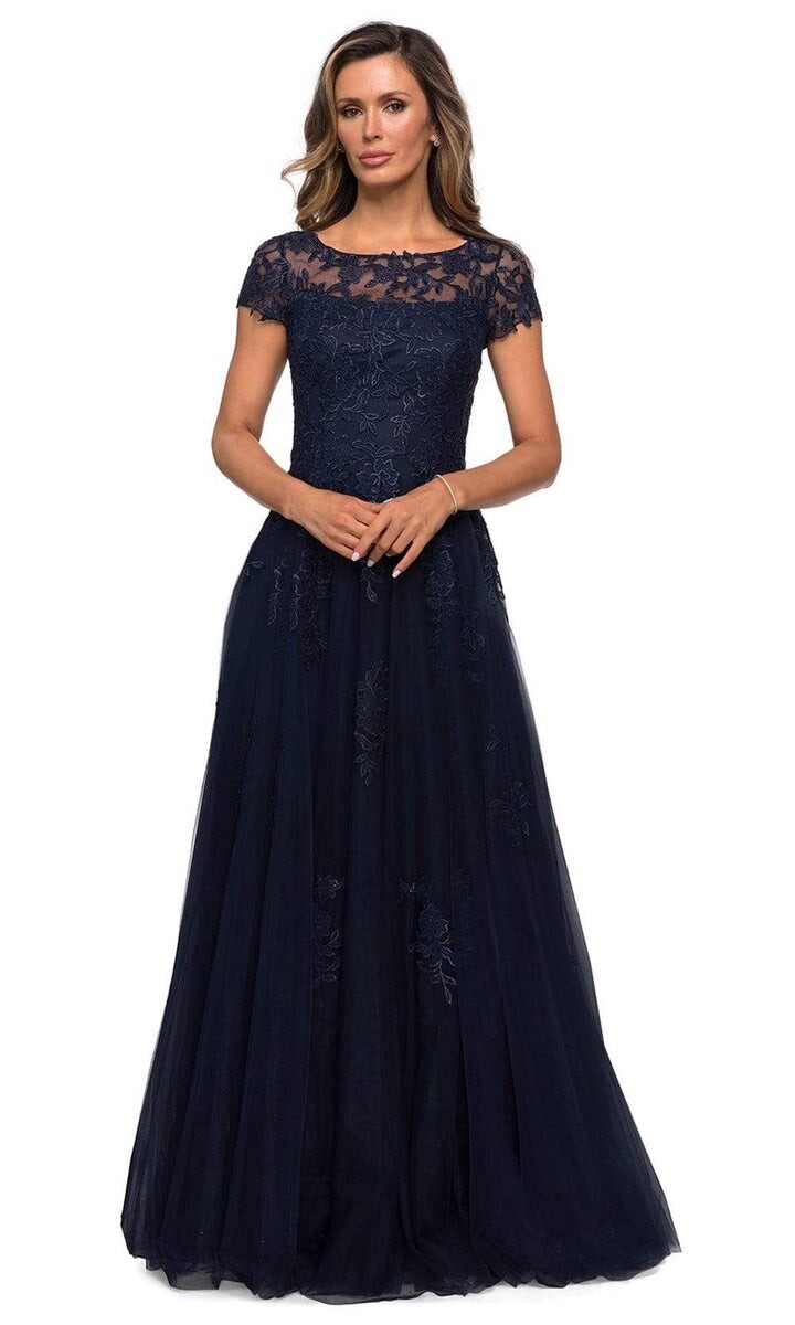 New La Femme 27920 Lace Bateau Tulle A-line Gown In Navy Sz 4 $578