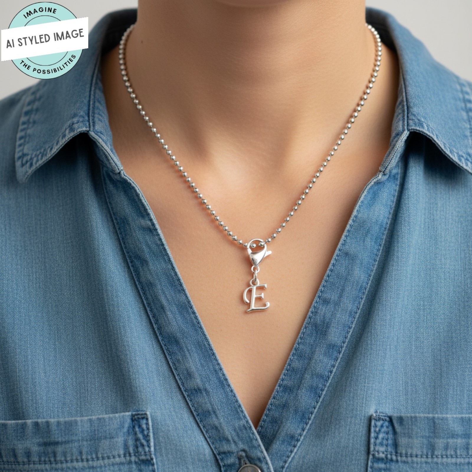 Silver Letter “E” Clip On Charm, Cursive Script Initial Dangle + Lobster Clasp