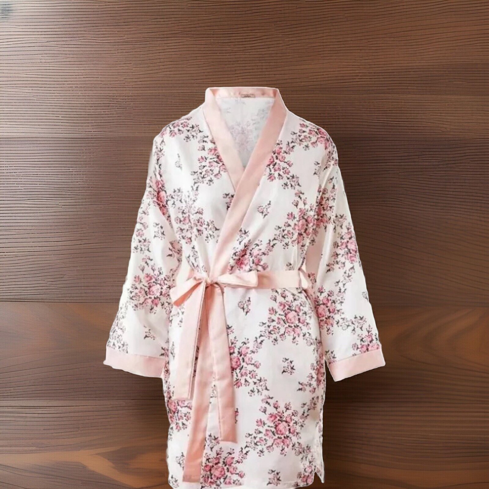 Morgan Lane Allie Satin Robe Women’s S/M White Pink Floral Kimono Lounger