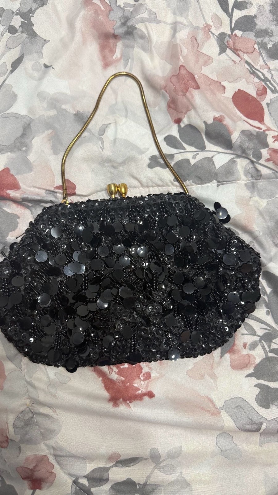 Vintage 1960s Black Beaded and Sequin Fringe Evening Bag Made in Hong Kong
