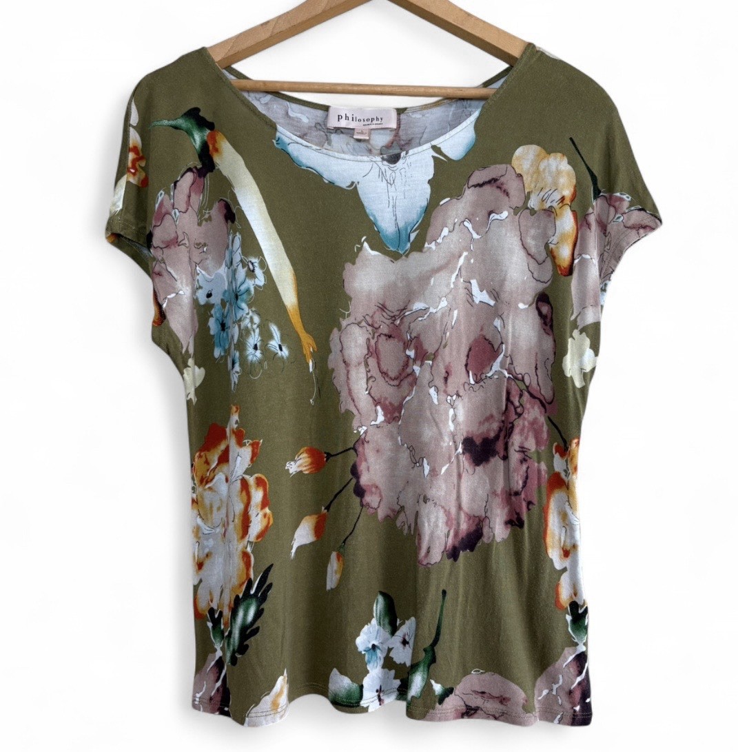 Philosophy Women’s Green Floral Print Short Sleeve Blouse Shirt Size Large