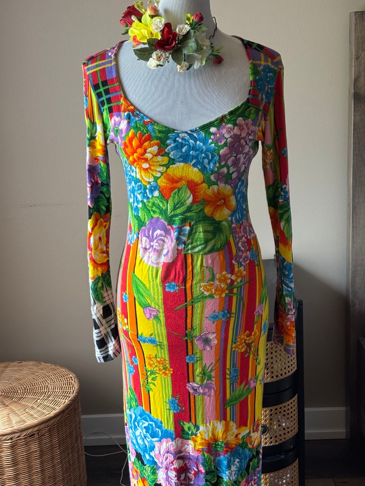 Versus Versace Floral Cotton Stretchy Dress Vintage 90′ Size 42 .