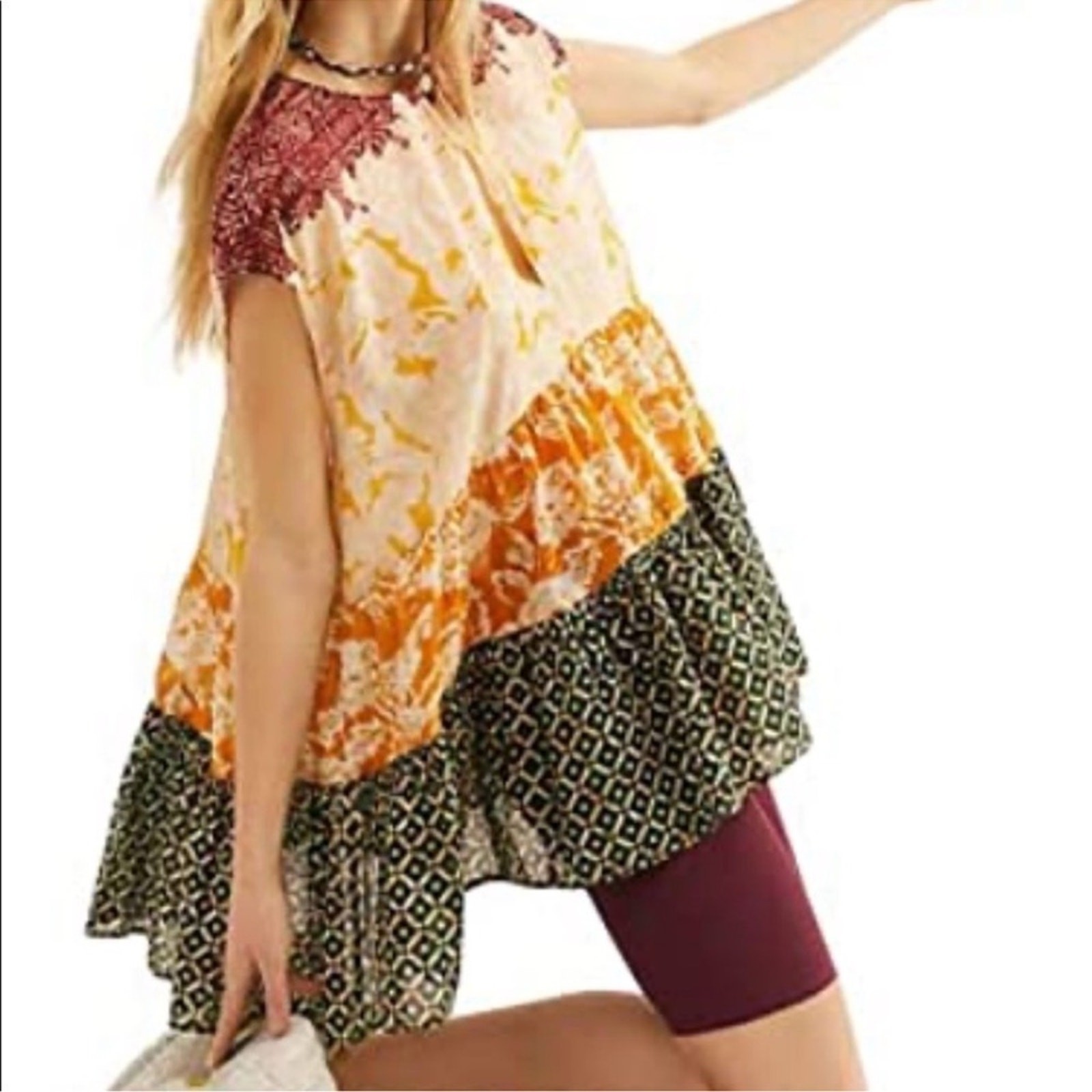 Free People Multi-Print Tiered Cap-Sleeve Tunic in Mustard Multi