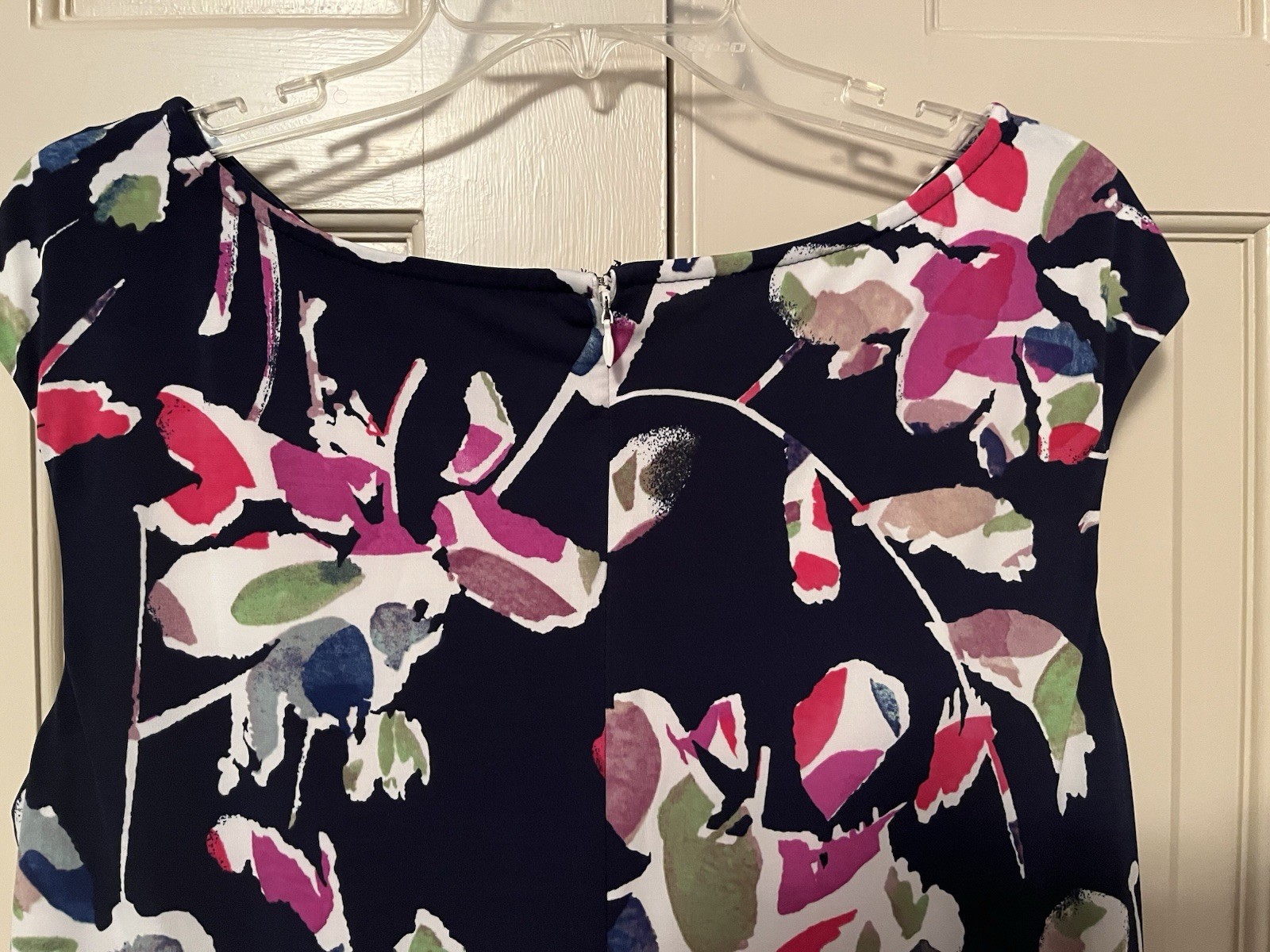 WISP Dress 18W Graphic Floral dk Navy White Pink Green Key-hole neck Cap Sleeves