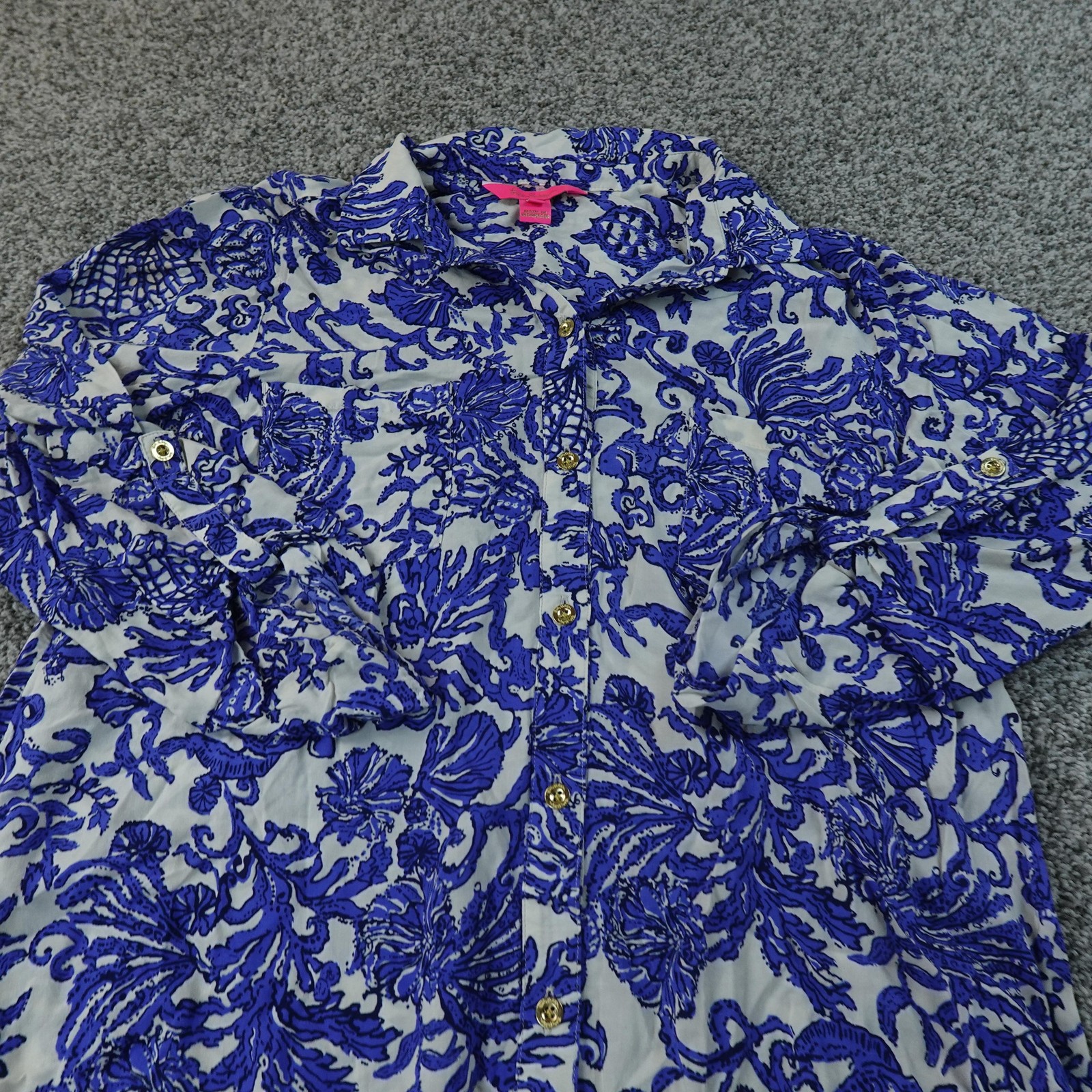 Lilly Pulitzer Dress Womens M Blue Tropical Floral Button Shirt Long Sleeve Top