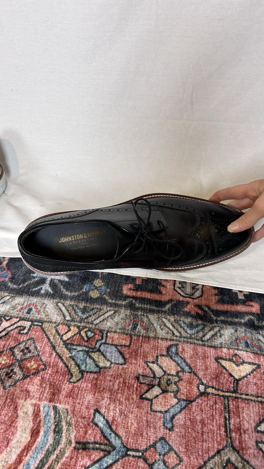 Johnston & Murphy Black Wingtip Oxford Shoes 11 1/2M Leather White Sole Italy