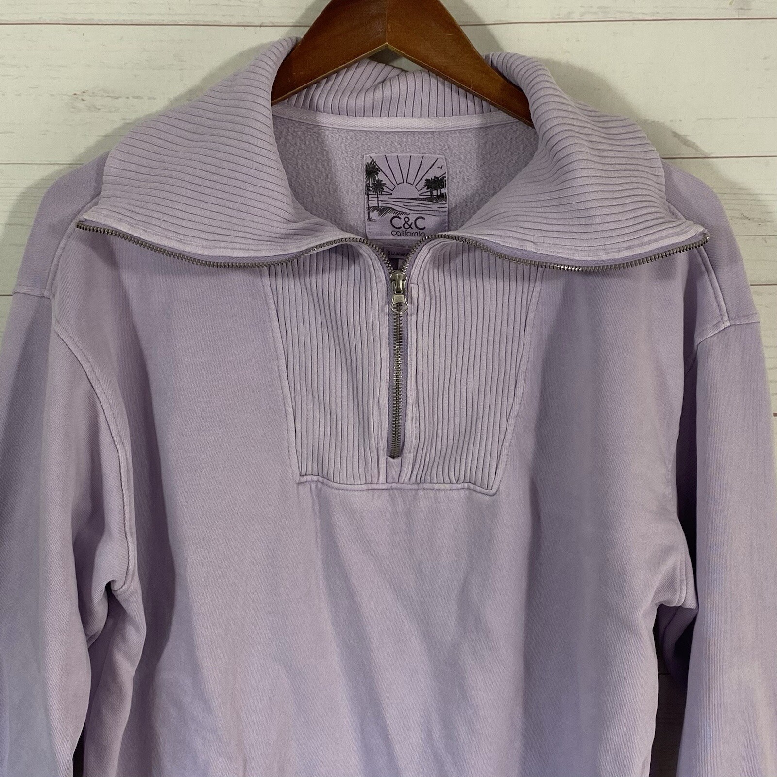 C&C Womens Sunwashed 1/4 Zip Pullover Sweatshirt Sz M Lavender Long Sleeve