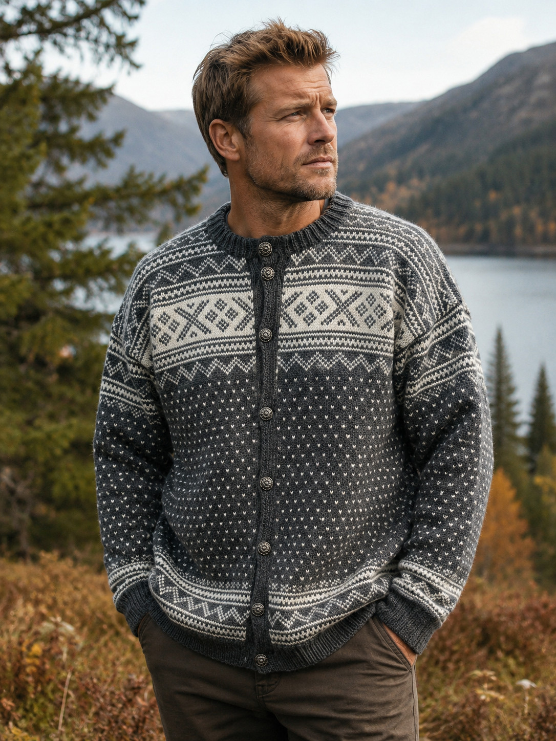 Vintage Hand Knitted Norwegian Wool Cardigan 100% Wool Nordic Folk Knit Men’s L