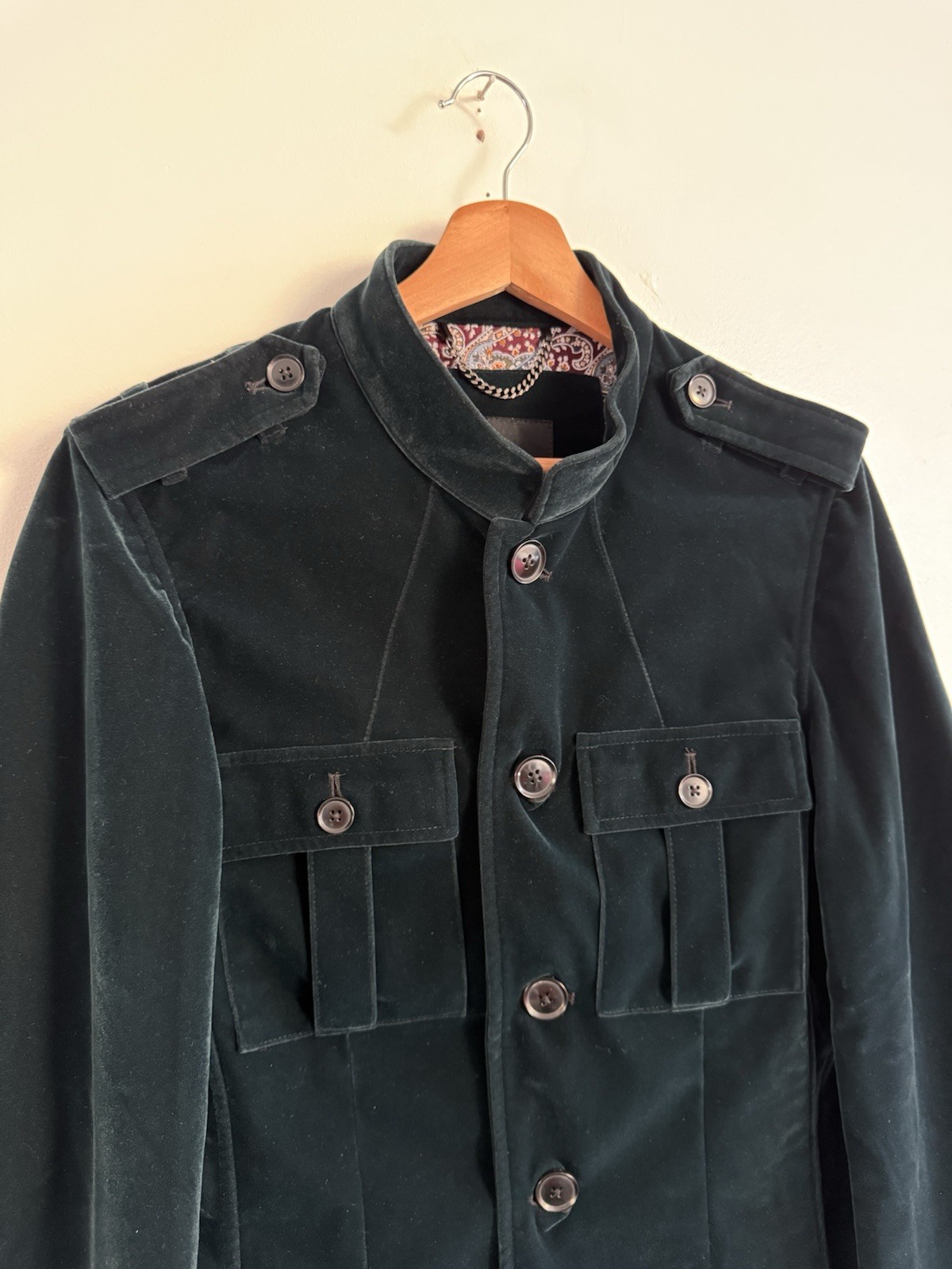 Phix Velvet Jacket Small Teal Button Up Retro Rock Army Military