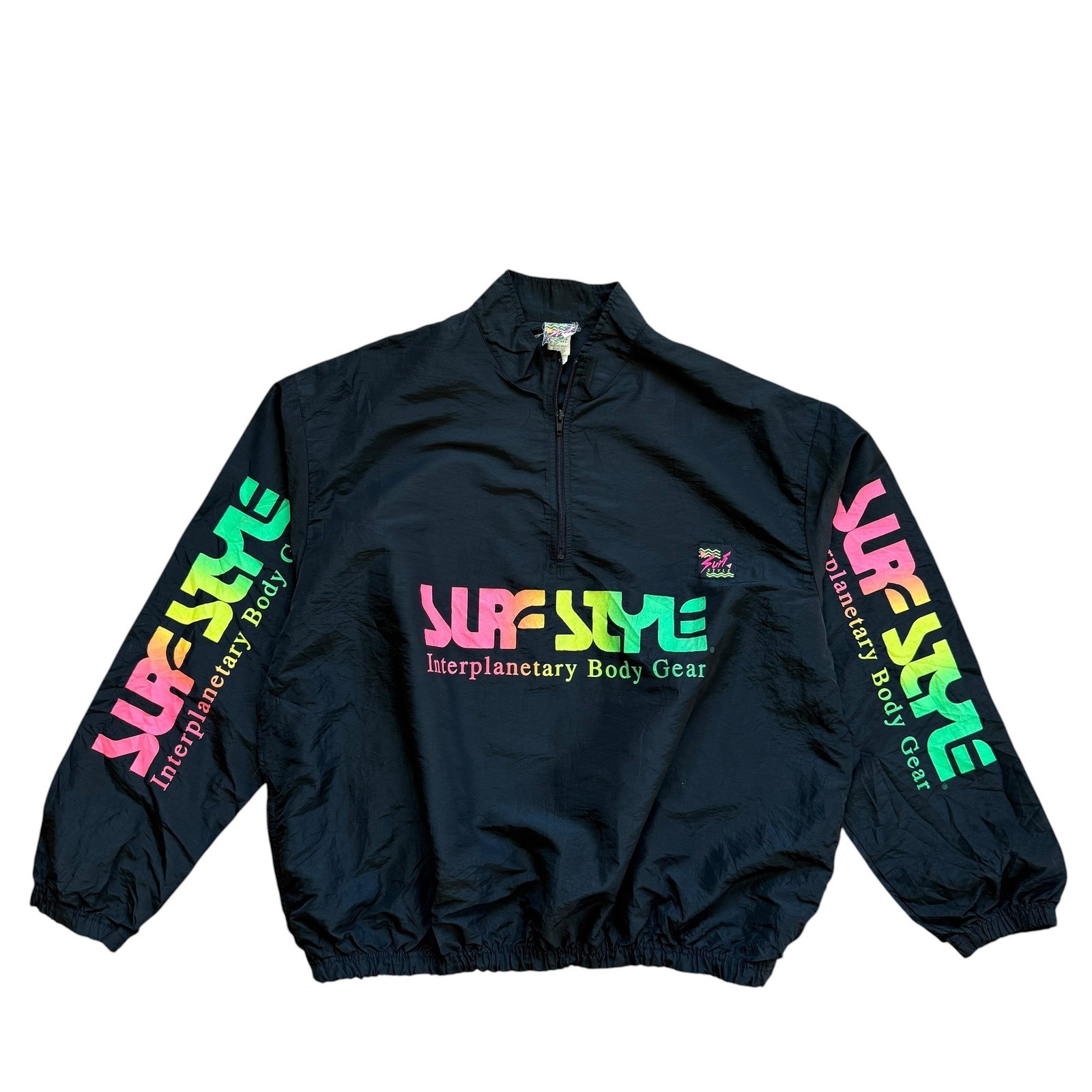 Vintage Surf Style Interplanetary Body Gear Windbreaker Black Neon 90s OSFA