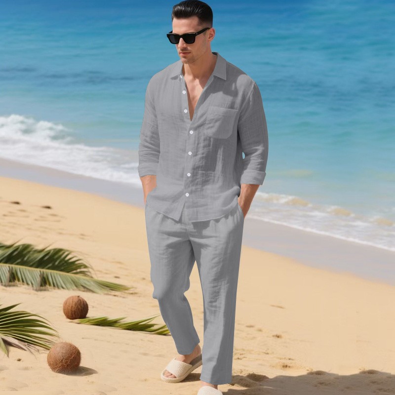 Men’s Loose Collar Shirt Long Sleeve Pants Set Spring & Summer